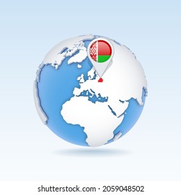 Belarus - country map and flag located on globe, world map. 3D Vector illustration