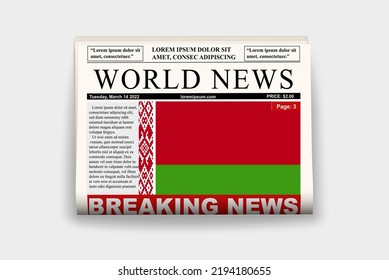 Belarus country newspaper with flag, breaking news on newsletter, Belarus news concept, gazette page with headline, journal with country flag, reading newspaper, streamer headline