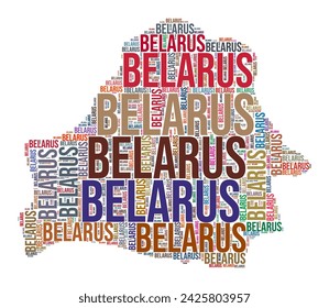 Belarus country shape word cloud. Typography style country illustration. Belarus image in text cloud style. Vector illustration.