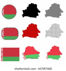 Belarus country vector set with flag, black silhouette and polka dots