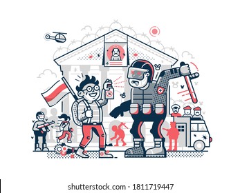 Belarus democracy movement protests illustration with special police in military ammunition in process of confrontation with Belarusian students.