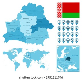 Belarus detailed administrative blue map with country flag and location on the world map.