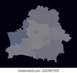 Belarus dotted map. Digital style map of the country on dark background. Belarus shape with circle dots. Colored dots style. Small size circles. Classy vector illustration.