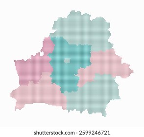 Belarus dotted map. Digital style map of the country on white background. Belarus shape with circle dots. Colored dots style. Small size circles. Modern vector illustration.