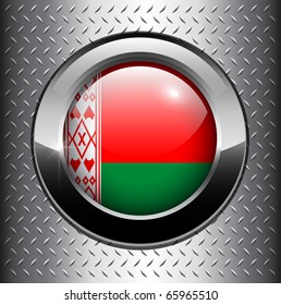 Botón de bandera de Bielorrusia sobre fondo de metal, vector.