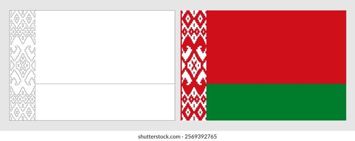 Belarus flag - coloring page. Set of white wireframe thin black outline flag and original colored flag.