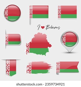 Belarus flag - flat collection. Flags of different shaped flat icons. Vector illustration set