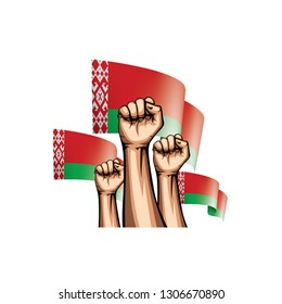 Belarus flag and hand on white background. Vector illustration