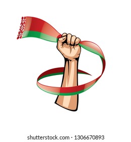 Belarus flag and hand on white background. Vector illustration