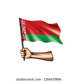 Belarus flag and hand on white background. Vector illustration
