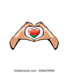 Belarus flag and hand on white background. Vector illustration