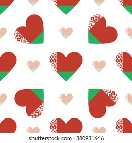 Belarus flag heart seamless pattern. Patriotic Belarus flag background. Country flag in the shape of heart. Vector seamless pattern.