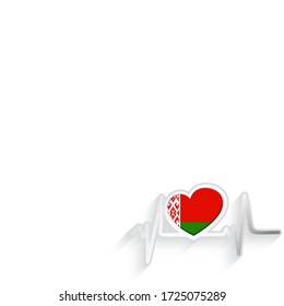 Belarus flag heart shaped and heartbeat line isolated on white. Belarus Patriotic Background. Vector illustration.