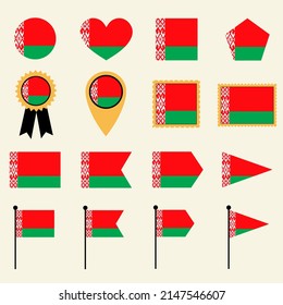 Icono de bandera de Bielorrusia establecido en 16 versiones de forma. Colección de íconos de la bandera de Bielorrusia con forma cuadrada, circular, corazón, triángulo, medalla, sello y ubicación.
