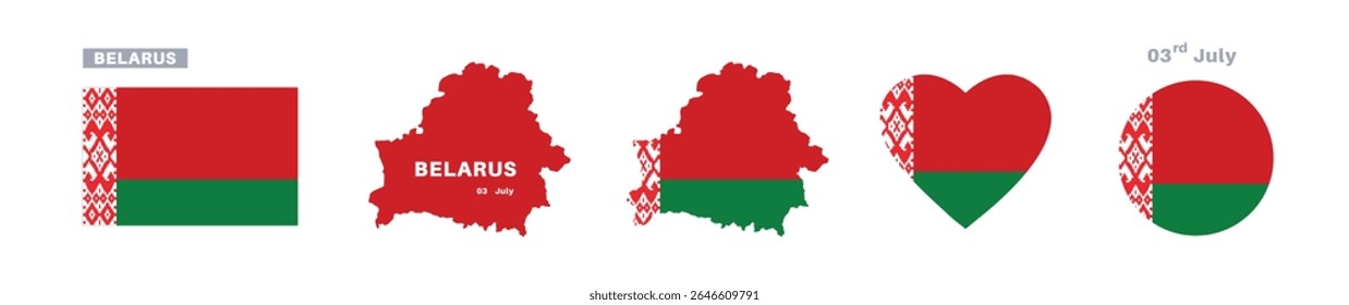 belarus flag and map set. belarus flag in official colors and proportions. independence day 3 july , map, circle and heart shaped belarus
