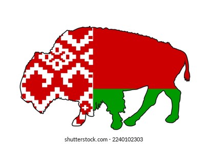 Belarus flag over bison national animal vector silhouette illustration isolated. Belarus buffalo national symbol. Pride and powerful animal. Vote campaign for election. Europe patriotic native emblem.
