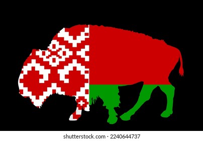 Belarus flag over bison national animal vector silhouette illustration isolated. Belarus buffalo national symbol. Pride and powerful animal. Vote campaign for election. Europe patriotic native emblem.