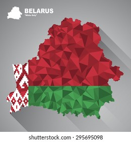 Belarus flag overlay on Belarus map with polygonal and long tail shadow style (EPS10 art vector)