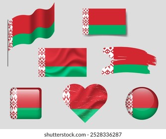 Belarus flag set of icons. Vector flag of Belarus, symbol. Set of Belarus flags button, brush, waved, heart.