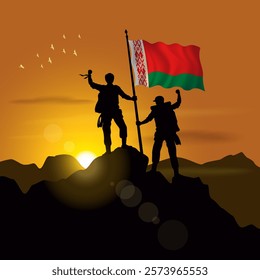 Belarus flag, silhouette of two climbers holding flags at sunset
