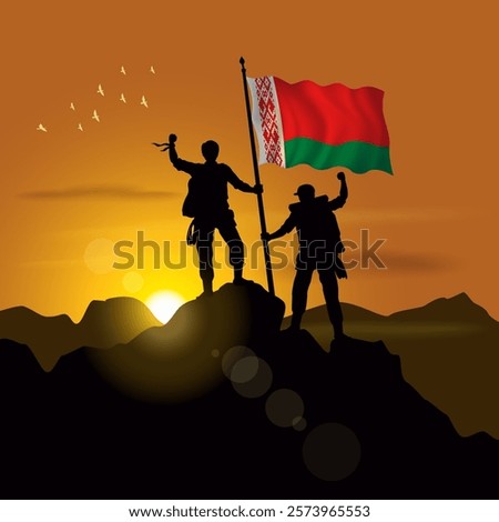 Belarus flag, silhouette of two climbers holding flags at sunset