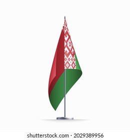 Símbolo del estado de la bandera de Bielorrusia aislado en una bandera nacional de fondo. Tarjeta de saludo Día Nacional de la Independencia de la República de Bielorrusia. Cartel de ilustración con bandera de estado realista.