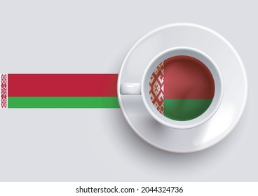 Belarus flag with a tasty coffee cup on top view and a gradient background. Hot beverage with Belarus flag, vector illustration. 

