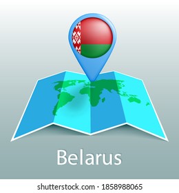 Belarus flag world map in pin with name of country