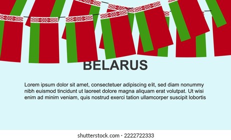 Belarus flags hanging on a rope, celebration and greeting concept, many Belarus flags with text space, banner and poster idea, decoration material, independence day