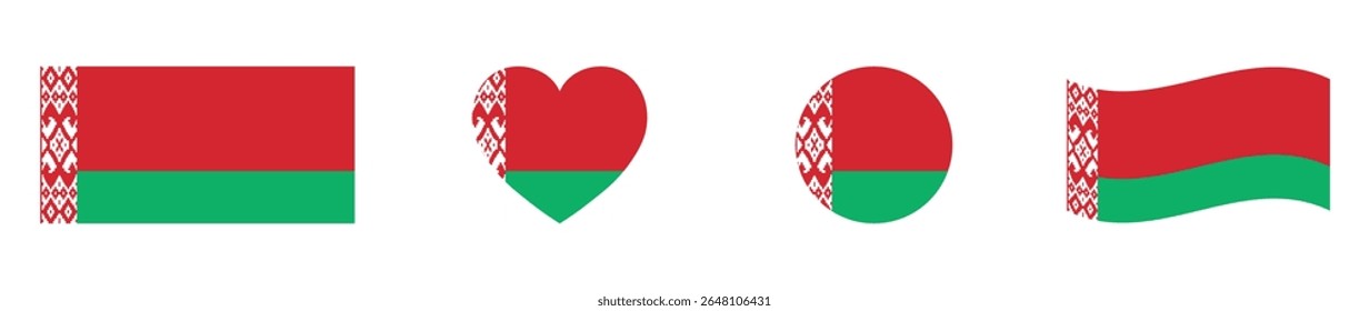 Belarus flags set in square, heart, circle and waving formats designs element. Belarus flags collection. Set of Belarus flags icons isolated on white background. Vector illustration.