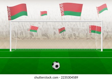 Belarus football team fans with flags of Belarus cheering on stadium, penalty kick concept in a soccer match. Sports vector illustration.