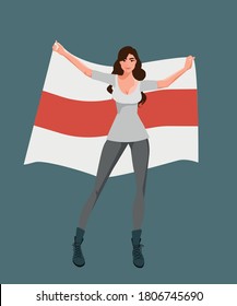 Belarus freedom.Young woman with the flag of freedom as a symbol of protest in Belarus. Protest after presidential elections 2020 in Belarus. National flag of belarus. 