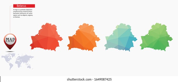 Belarus geometric polygonal, mosaic style maps collection. Bright abstract tessellation, low poly style, modern design. Belarus polygonal maps for your infographics or presentation.