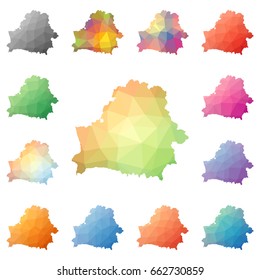 Belarus geometric polygonal, mosaic style maps collection. Bright abstract tessellation, low poly style, modern design. Belarus polygonal maps for your infographics or presentation.