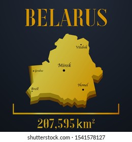 Belarus golden 3d solid country outline silhouette, realistic piece of world map template, for infographic, vector illustration, isolated object, background. From countries set