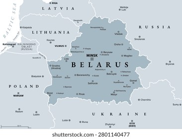 Belarus, gray political map with borders, capital Minsk, largest cities, and the Suwalki Gap. Landlocked country in Eastern Europe, bordered by Russia, Latvia, Lithuania, Poland, and Ukraine. Vector