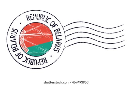 Belarus grunge postal stamp and flag on white background