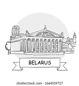 Belarus Hand-Drawn Urban Vector Sign. Black Line Art Illustration with Ribbon and Title.