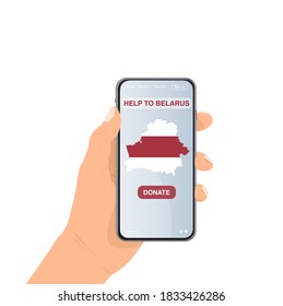 Belarus Help Website Concept. Donations to Belarus. Belarusian flag on phone screen in the hand.