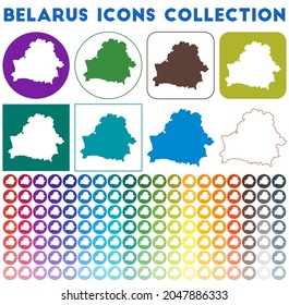 Belarus icons collection. Bright, colorful, trendy map icons. Modern Belarus badge with country map. Vector illustration.