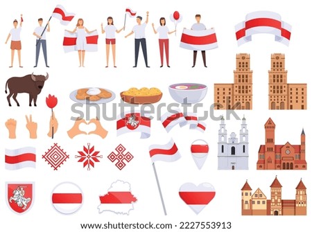 Belarus icons set cartoon vector. Minsk architecture. Flag country
