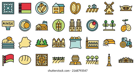 Los iconos de Bielorrusia establecen el vector de contorno. Arquitectura de Minsk. Color plano de línea delgada de la bandera de la cigüeña sobre blanco