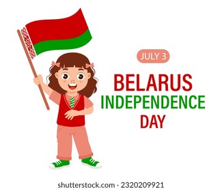 Belarus Independence Day. Cute little girl with Belarus flag. Cartoon illustration, banner, poster, vector