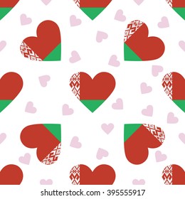 Belarus independence day seamless pattern. Patriotic country flag background. Belarus flag in the shape of heart. Vector seamless pattern.