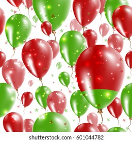 Belarus Independence Day Seamless Pattern. Flying Rubber Balloons in Colors of the Belarusian Flag. Happy Belarus Day Patriotic Card with Balloons, Stars and Sparkles.