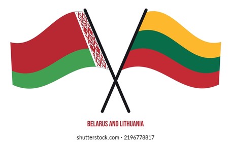 Banderas de Bielorrusia y Lituania Cruzadas y ondeadas de estilo plano. Proporción oficial. Colores correctos.