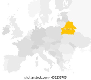 Belarus location modern detailed map. All european countries without names. Vector template of beautiful flat grayscale map design with selected country name text and border location