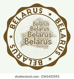 Belarus logo. Beautiful country badge with word cloud in shape of Belarus. Round emblem with country name. Astonishing vector illustration.