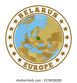 Belarus logo. Round badge of country with map of Belarus in world context. Country sticker stamp with globe map and round text. Vector illustration.