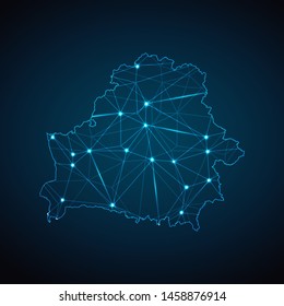 Belarus Map - Abstract geometric mesh polygonal network line, structure and point scales on dark background with lights in the form of cities. Vector illustration eps 10.